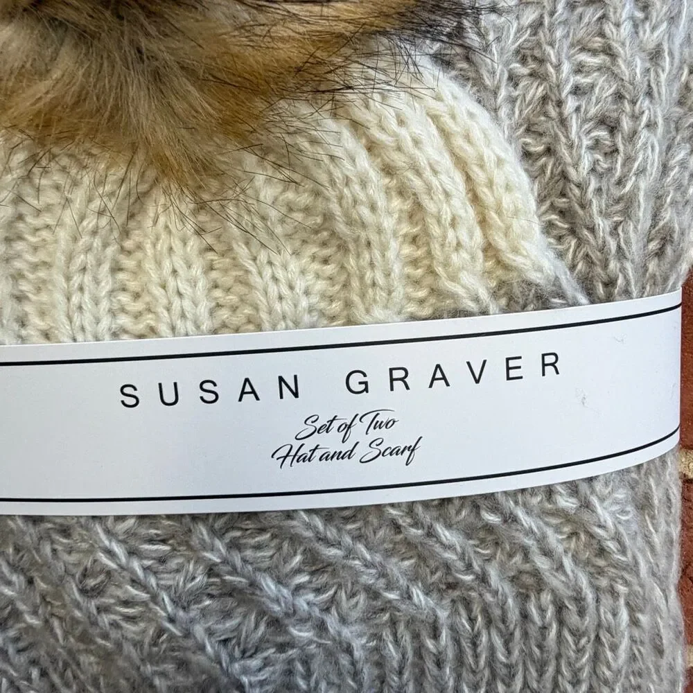 Set of Two Susan Graver Women's Faux Fur Pom-Pom Beanie Hat and Scarf Gray NWT